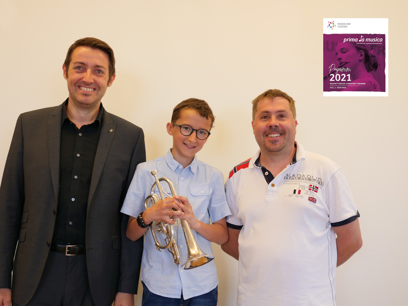 Trompete -  Joseph Mutschlechner mit Vater Sigisbert und Lehrer Christof Gröber