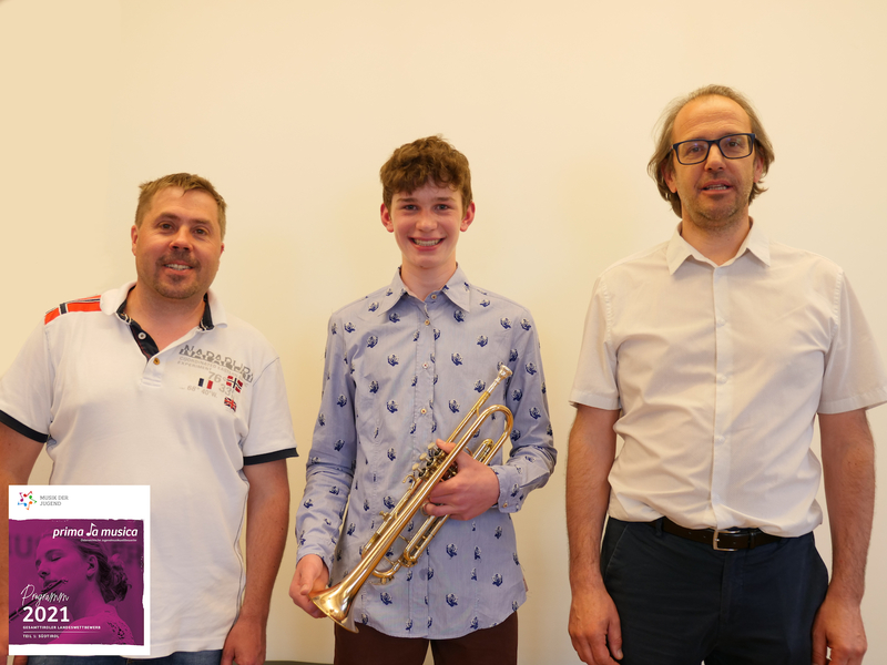 Trompete -Josef Mair mit Lehrer Christof Gröber und Klavierbegleiter Renzo Huber